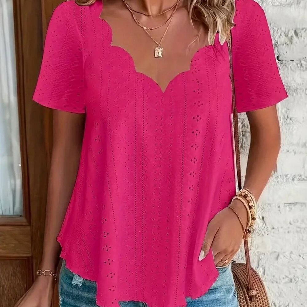 Eyelet Solid Scallop Trim Short Sleeve Top - NEW